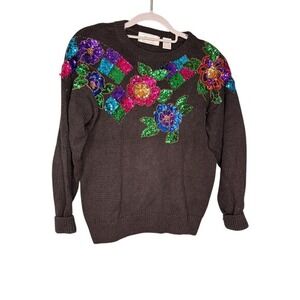 Vintage 80s/90s Margules black knit sequin floral design bright colorful sweater